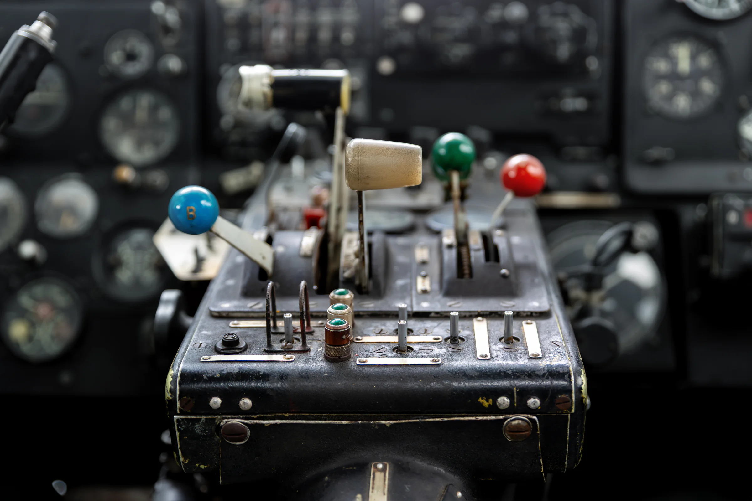Detailed controls inside a vintage aircraft cockpit