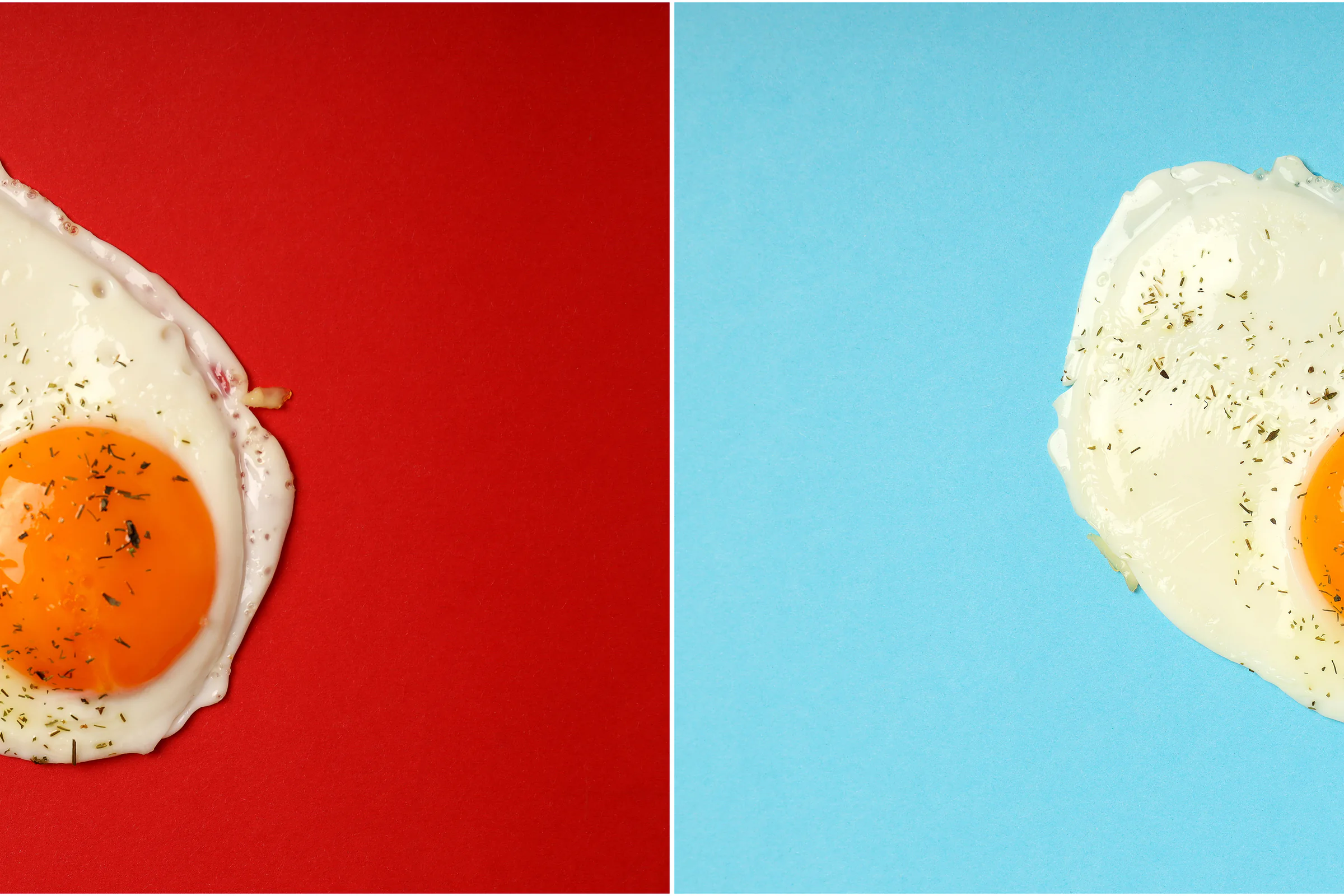 Fried eggs arranged across vivid red and blue colour fields