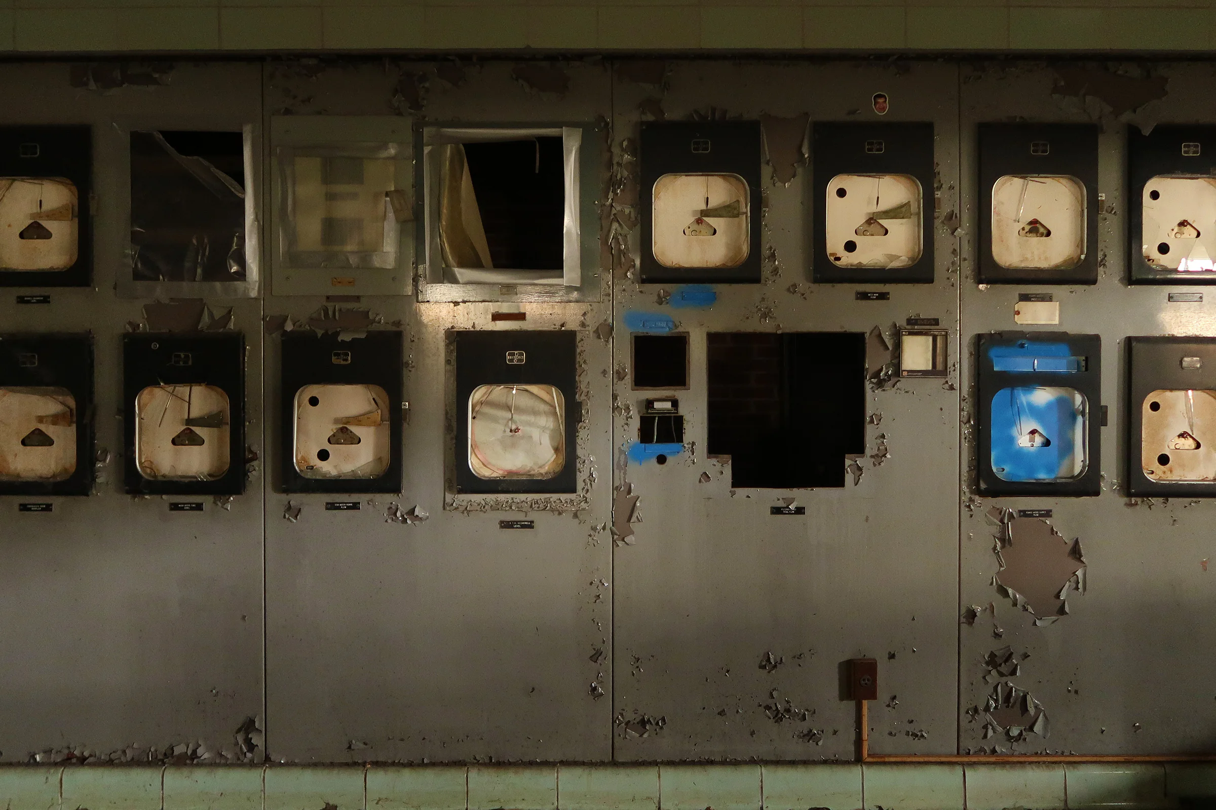 Abandoned industrial control panel with analogue meters