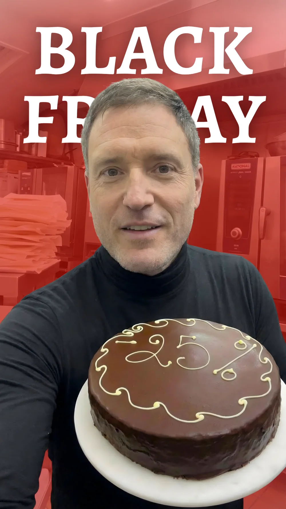 Kipferl Black Friday creative showing a baker holding a celebration cake
