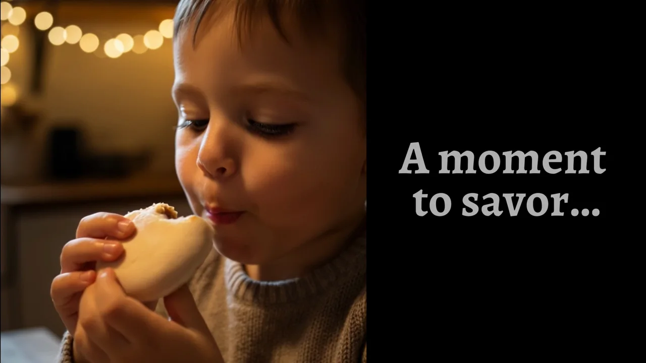Mother and child sharing a Kipferl Christmas biscuit in the First Bite campaign film