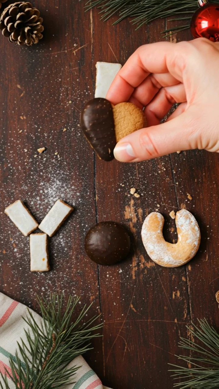 Gingerbread and biscuits being arranged into a Christmas message