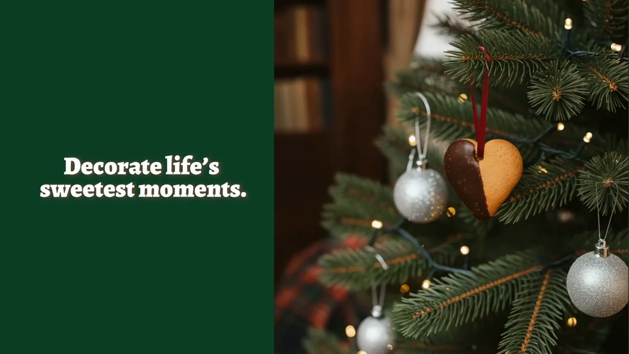 Chocolate-dipped heart biscuit hanging on a Christmas tree in The Hearts of Vienna film