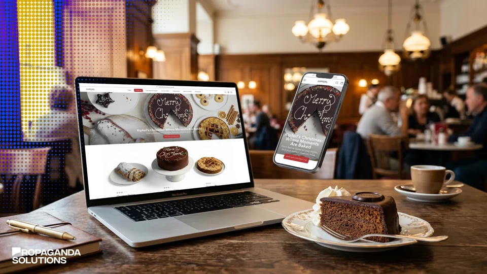 Kipferl Christmas campaign displayed on a laptop and mobile phone beside Austrian cake