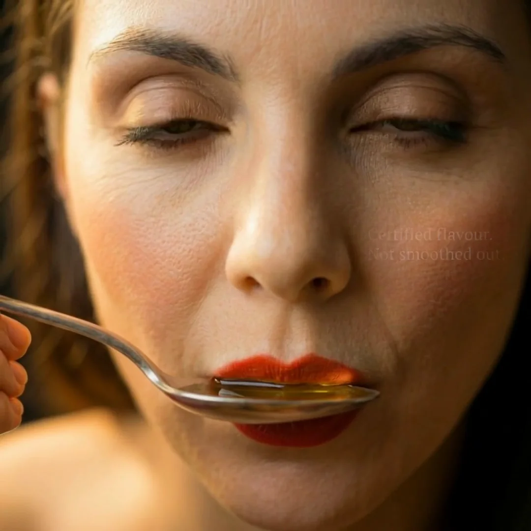 Woman tasting olive oil from a spoon in the Certified Flavour campaign film