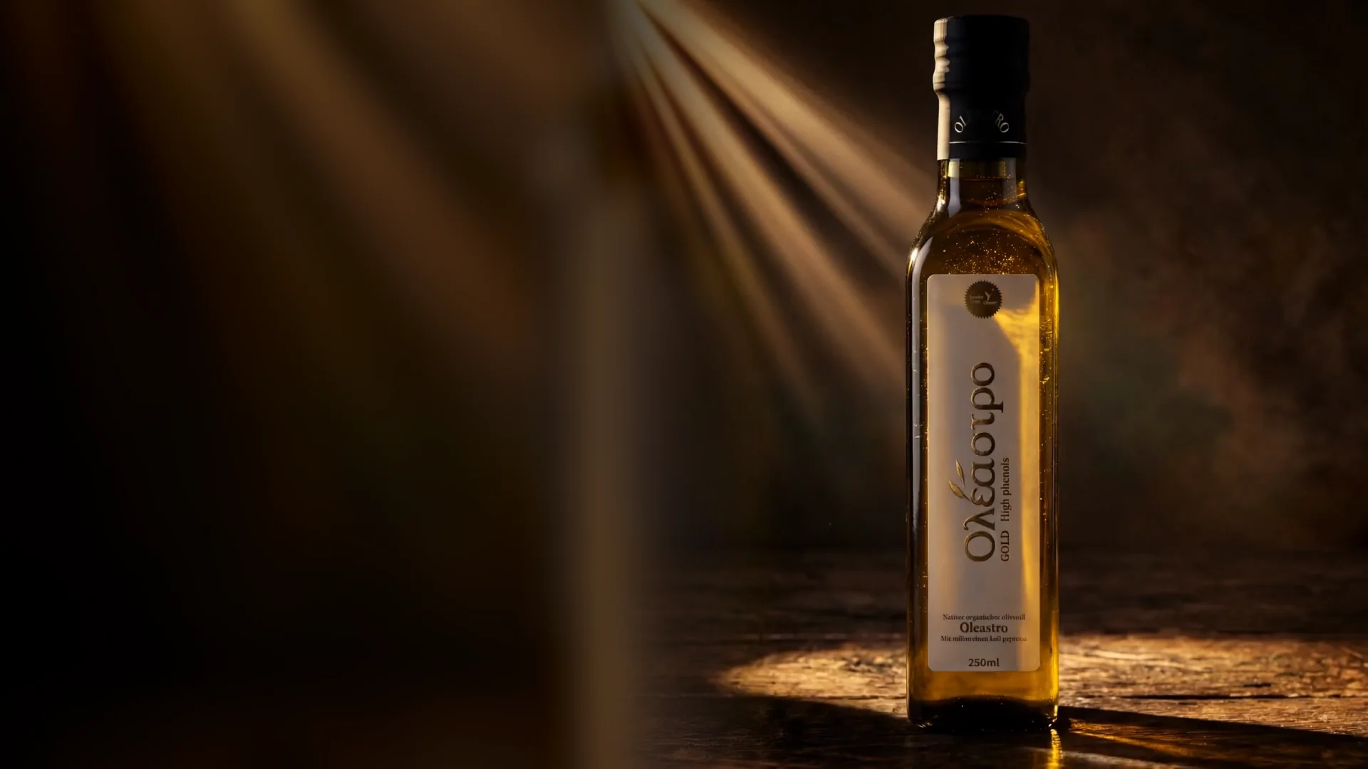 Oleastro bottle lit in warm gold within the Kivema portfolio