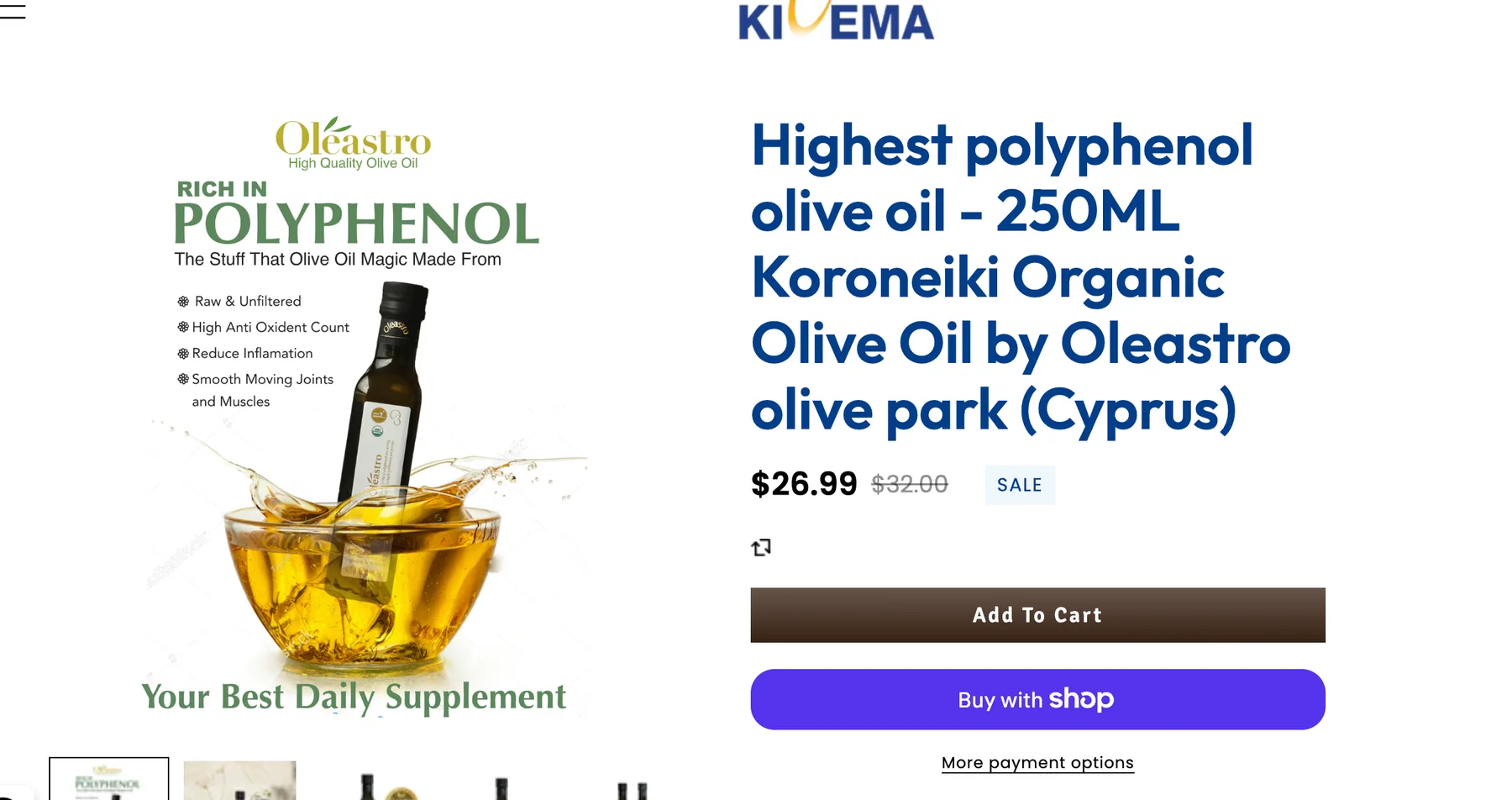 Kivema product page for Oleastro organic olive oil