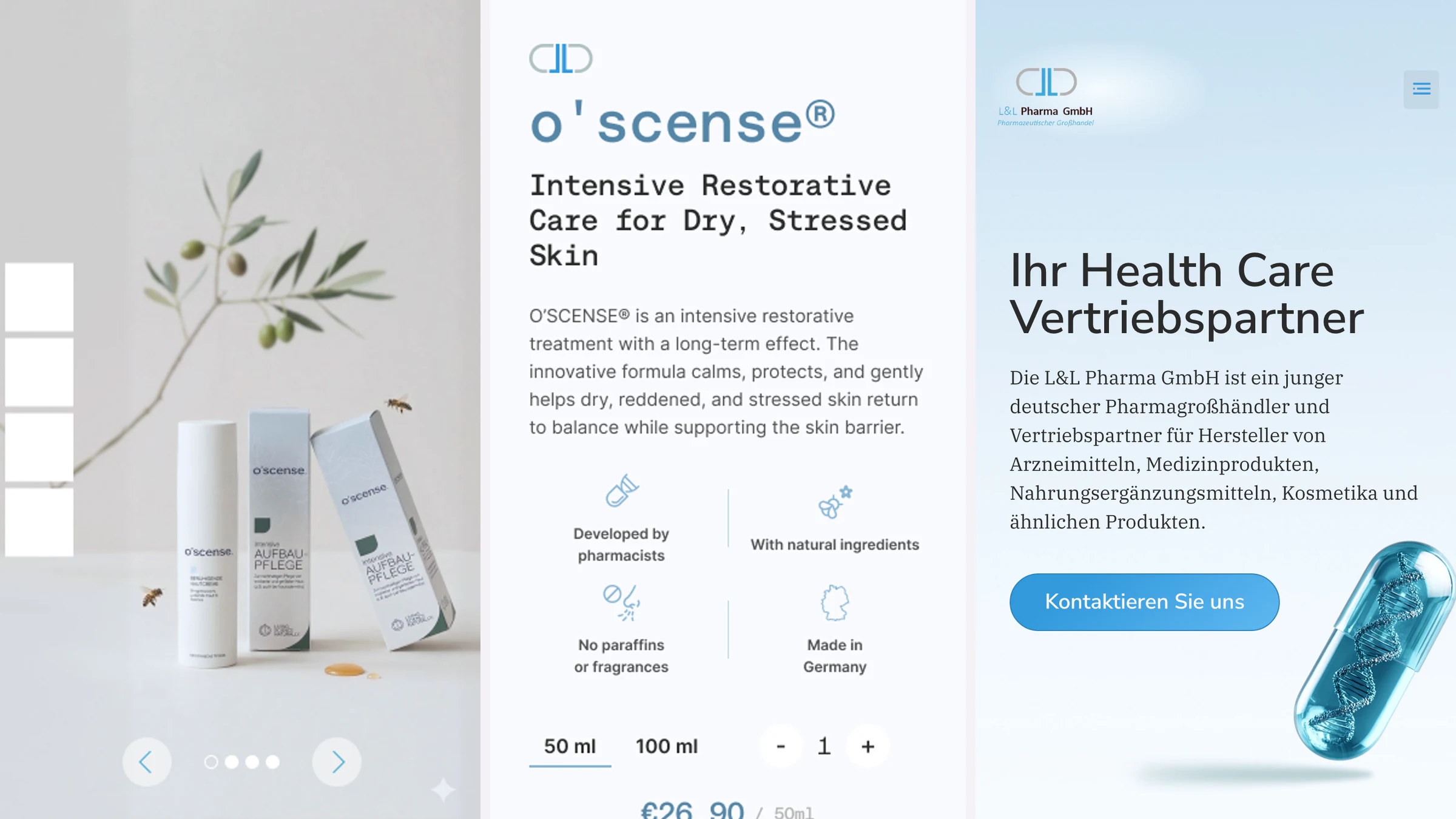 High-resolution selection of UI/UX & CRO work for L&L Pharma / o’scense