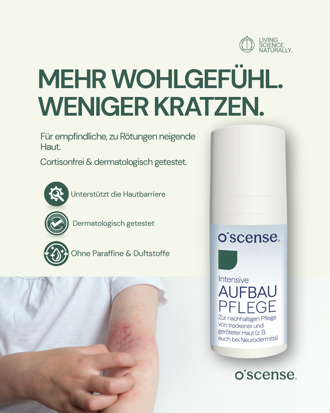 o’scense Relief product creative in a clean skincare composition