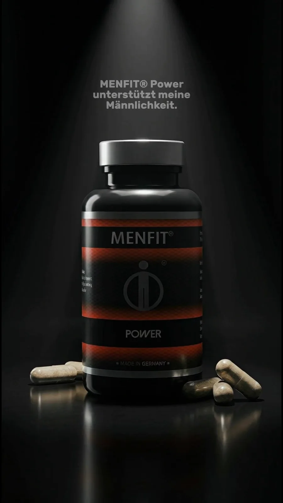 MenFit bottle under a spotlight in the Confidence Without Guesswork film