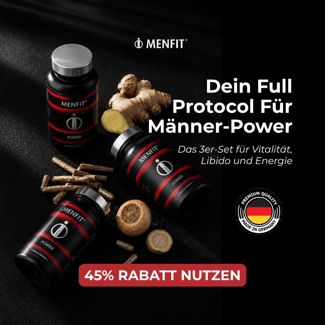 Three MenFit bottles and ingredients arranged around a German promotional headline