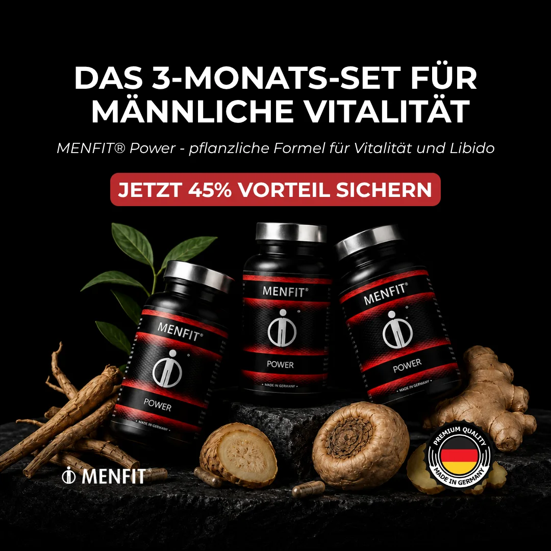 Three MenFit Power bottles arranged with botanical ingredients on black