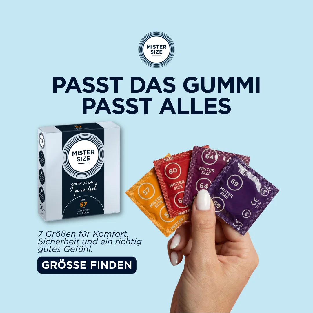 Mister Size product box and four coloured sizes under a German campaign headline