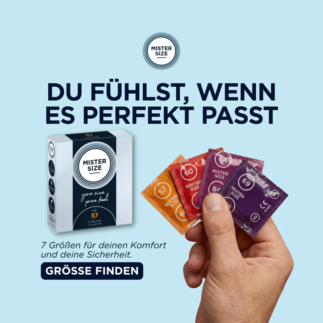 Four differently coloured Mister Size condoms held beside a product box