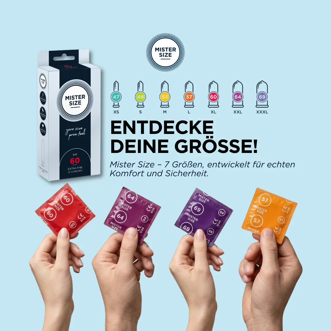 Mister Size packs and condoms showing the seven-colour size range