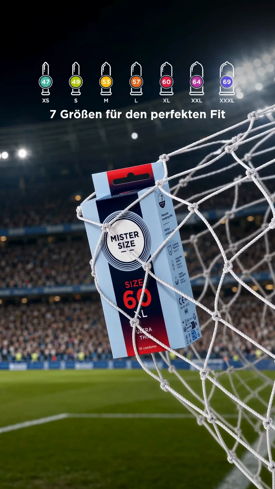 Mister Size pack caught in a football goal net in the Seven Sizes film