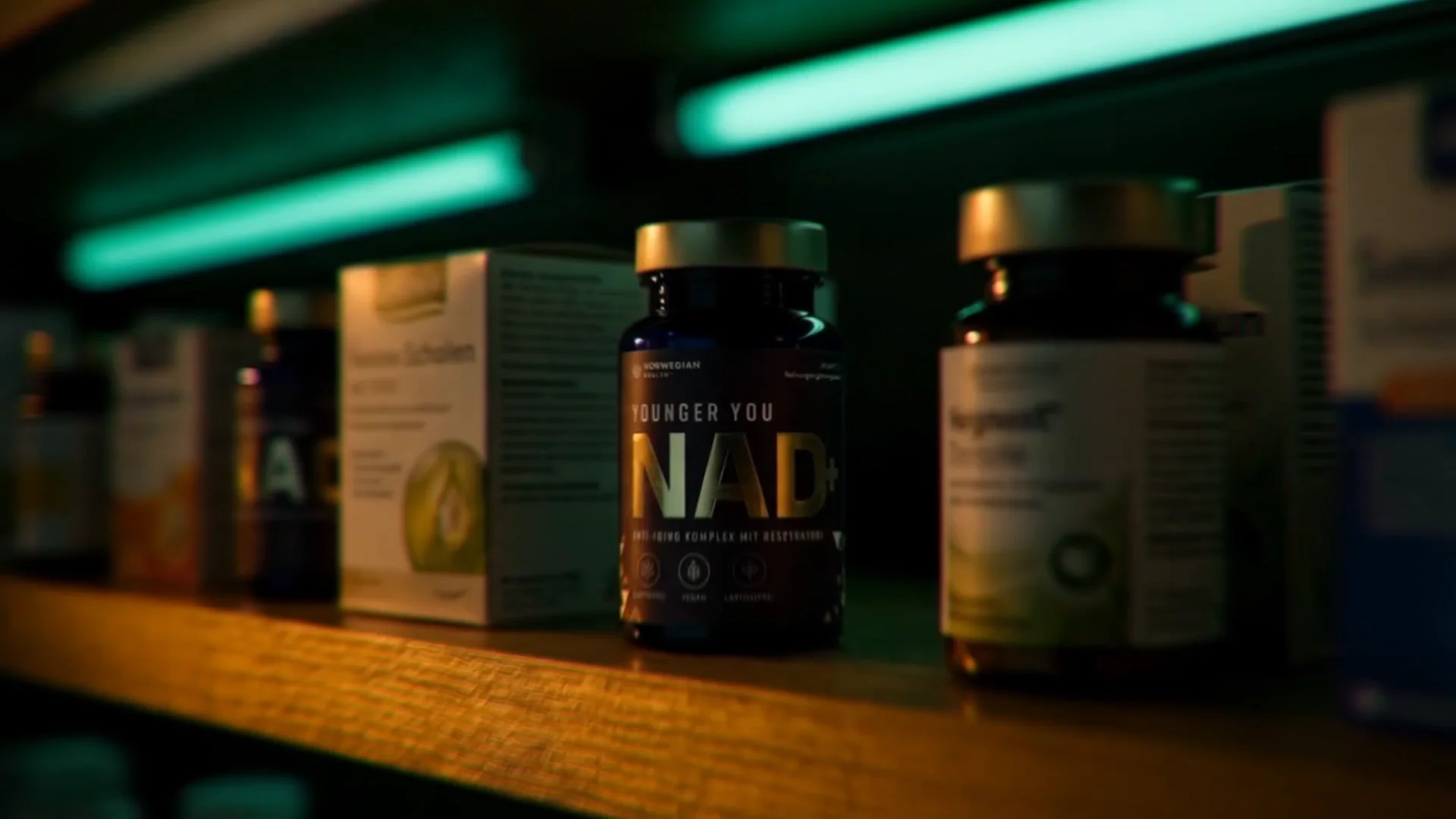Norwegian Health NAD+ product in a dramatically lit pharmacy display