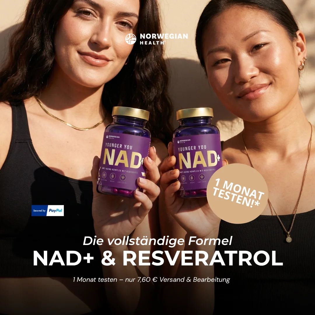 Two women holding Norwegian Health NAD+ bottles in a lifestyle campaign image
